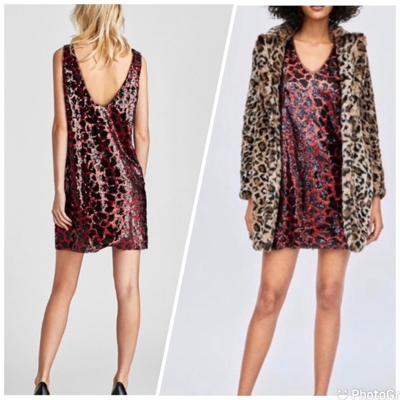 ZARA SEQUIN ANIMAL PRINT MINI SLIP DRESS - Picture 3 of 7